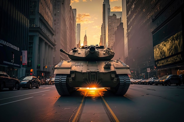 Przyszły czołg wojenny przeprowadza dziki pościg Zachód słońca na 42. ulicy w Nowym Jorku