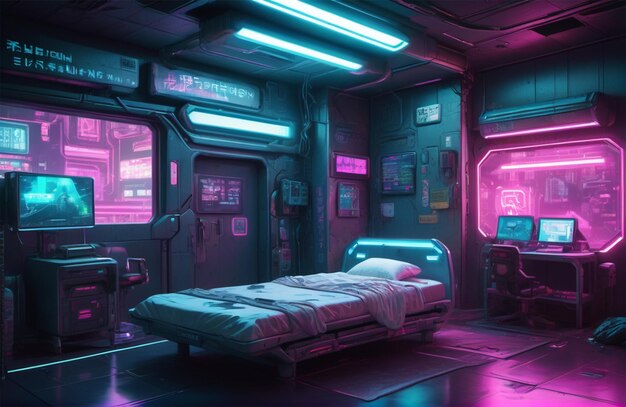 Zdjęcie przyszły pokój szpitalny w cyberpunku 2077 wszechświat sci-fi cyberpunk tło