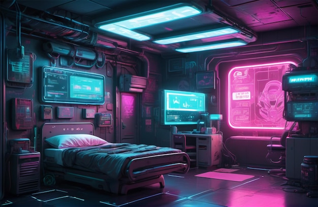 Zdjęcie przyszły pokój szpitalny w cyberpunku 2077 wszechświat sci-fi cyberpunk tło