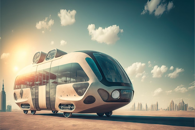 Przyszły projekt latającego autobusu transportu miejskiego na tle miasta stworzonego za pomocą generatywnej ai