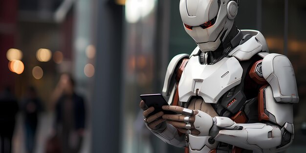 Zdjęcie przyszły świat ludzki robot trzymający telefon komórkowy tło miasta