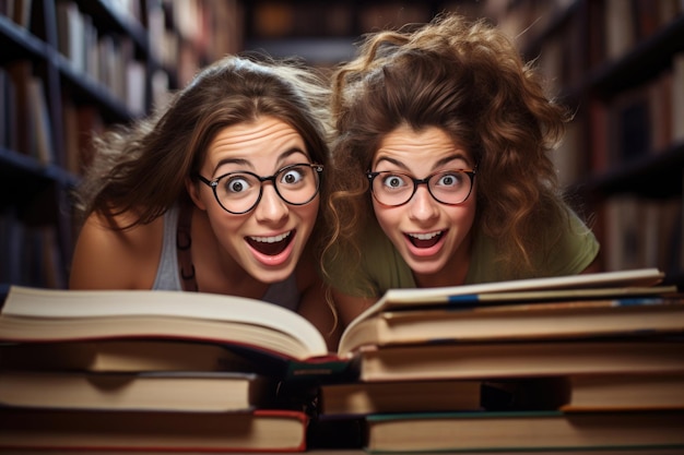 Przytłoczenie akademickie Dwie młode kobiety w okularach wpatrują się ze zdziwieniem w liczne książki Przygotowując się do egzaminów, głęboko pochłonięte nauką