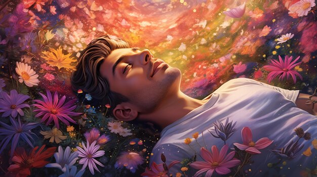 Przytulając spokój, mężczyzna leży pośród kalejdoskopu kwiatów, scena spokojnego błogosławieństwa, idealna dla ciebie.