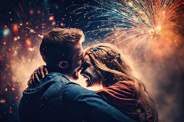 Przytulanie szczęścia młoda para podczas fajerwerków barwiących niebo
