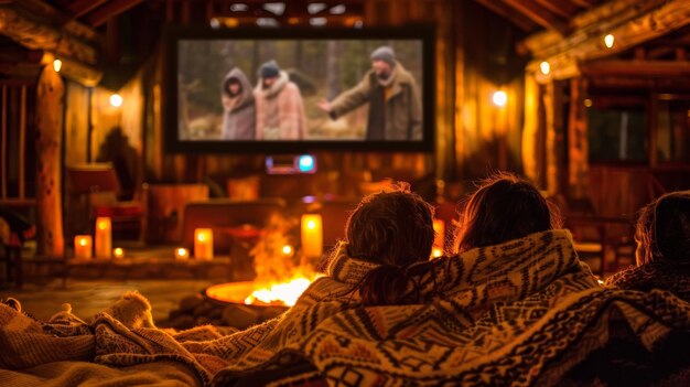 Zdjęcie przytuleni w koce goście oglądają film w hipnotyzującym tle świec i