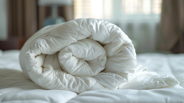 Przytulna biała kołdrę na łóżku przygotowująca się do zimowego komfortu Generatywna sztuczna inteligencja