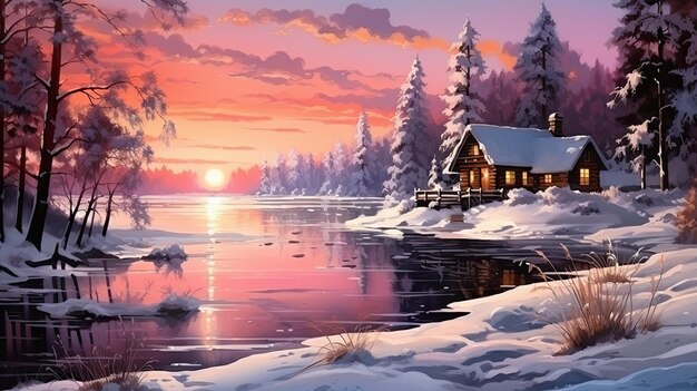 Przytulna chatka w zimowym lesie na brzegu jeziora Ilustracja krajobrazu na tle zachodzącego słońca