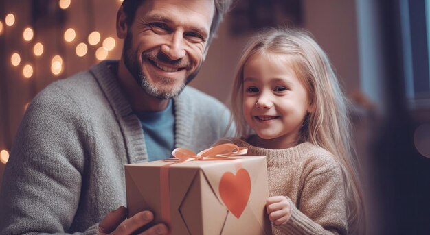 Przytulna domowa scena ojca i jego córki uśmiechających się i dających mu prezent z okazji Dnia Ojca z wygenerowaną rodzinną sztuczną inteligencją