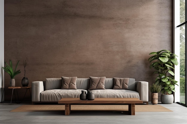 Przytulna esencja natury Urzekający salon z drewnianą sofą w kolorze brązowym i bujną zielenią