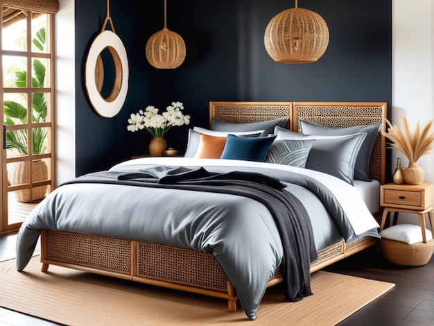 Przytulna i eleganckia sypialnia z dużym łóżkiem ładne pościel drewniany nocny stół i rattan dekoracja domu