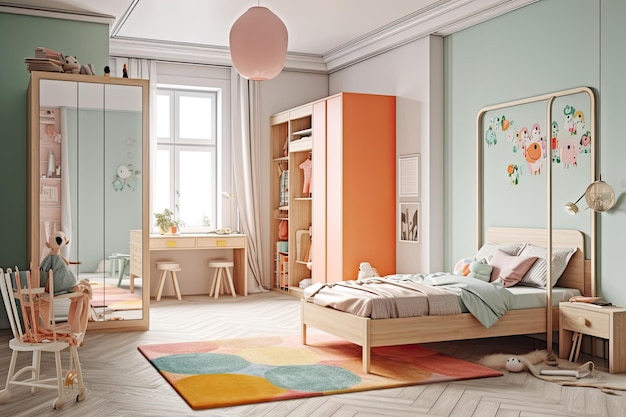 Przytulna i kolorowa sypialnia dziecięca z komodą i lustrem Generująca sztuczna inteligencja