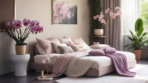 Przytulna i spokojna sypialnia z piękną doniczką z orchideą