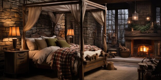 przytulna i wiejska sypialnia z drewnianym łóżkiem z czterema słupkami, płaską pościelą i kamiennym kominem AI Generative