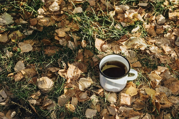 Przytulna jesienna martwa natura z metalowym kubkiem z gorącym napojem na trawie i żółtych liściach