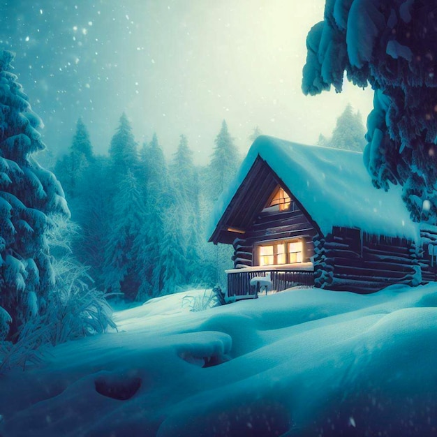 przytulna kabina w zimowym krajobrazie filmowym