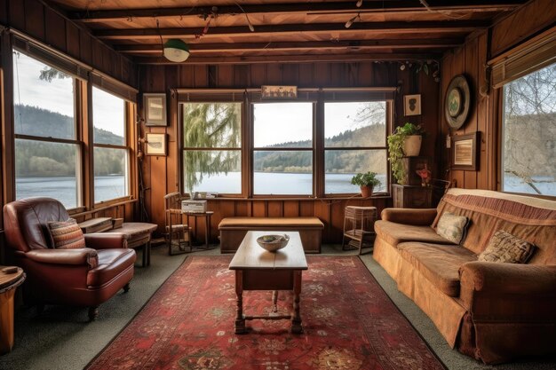 Przytulna kabina z widokiem na jezioro otoczona naturalnym pięknem stworzona za pomocą generatywnej ai