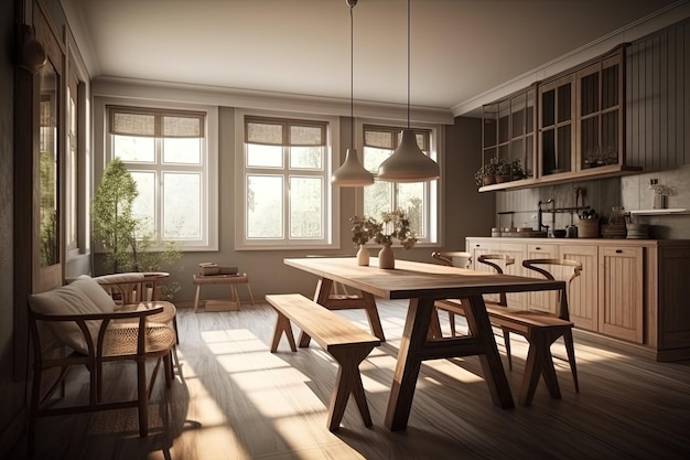 Przytulna kuchnia z drewnianym stołem, krzesłami i ławą stworzona w technologii Generative AI