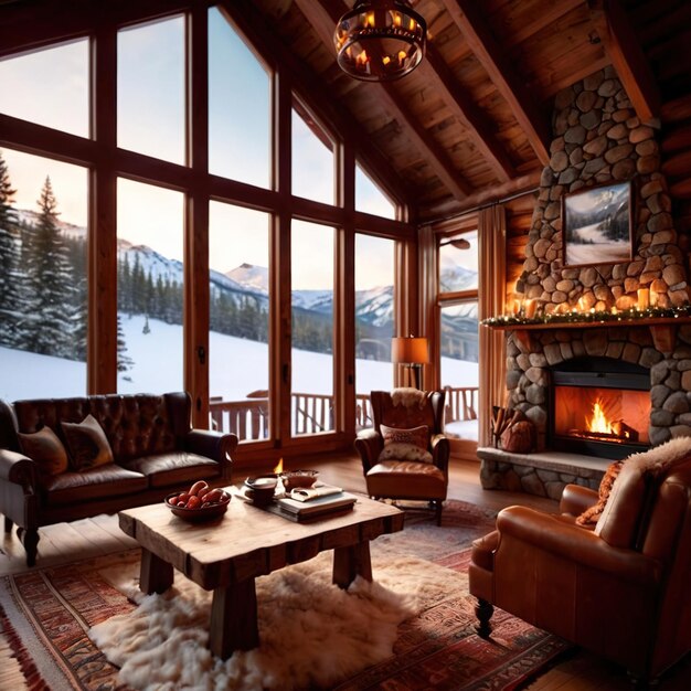 Przytulna, luksusowa zimowa chatka z ciepłym ogniem i zimnym śniegiem na zewnątrz.