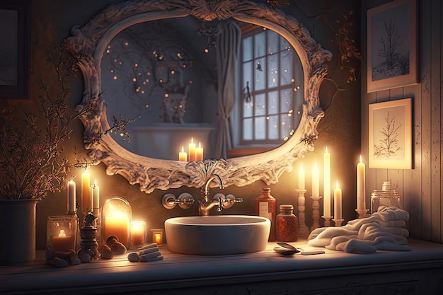 Przytulna romantyczna łazienka ze świecami i lustrem na ścianie w zimowy wieczór stworzona za pomocą generatywnej ai