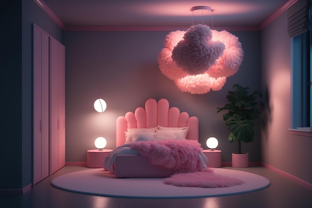 Przytulna różowa sypialnia z różowym aksamitnym łóżkiem ozdobionym kocem Ai Interior furniture