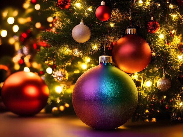 Przytulna świąteczna kula z ciepłym oświetleniem w odcieniach tęczy, kinowa, szczegółowa. Wygenerowano generatywną sztuczną inteligencję