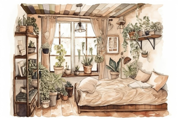 Przytulna sypialnia ozdobiona bujnymi zielonymi roślinami w stylu akwareli Generative AI