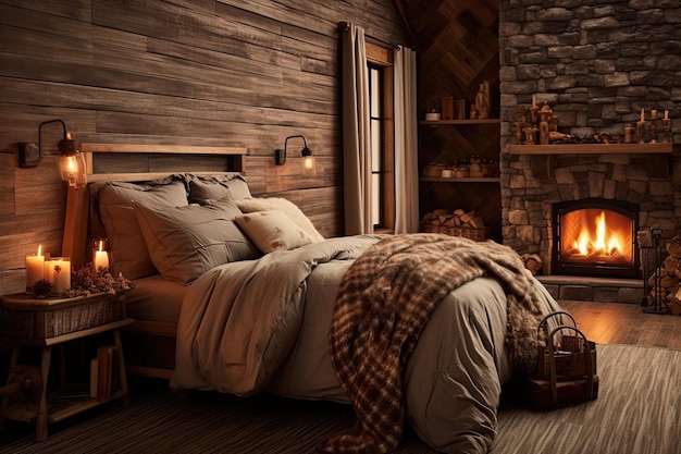 Przytulna sypialnia ozdobiona drewnianym wystrojem z elementami inspirowanymi stylem jesiennym