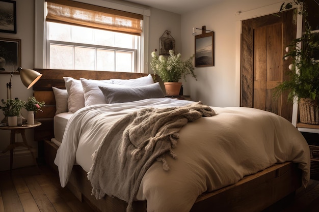 Przytulna sypialnia w domku z miękkimi prześcieradłami, puszystymi poduszkami i rustykalnymi detalami