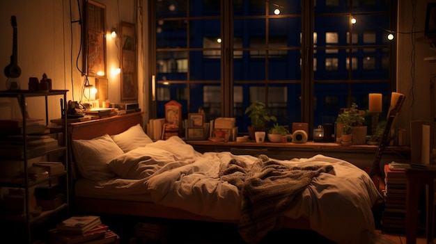 Przytulna sypialnia w nocy.