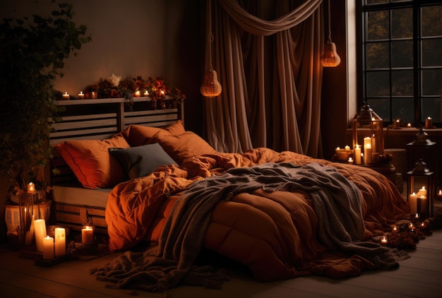 Przytulna sypialnia ze stylową dekoracją w jesiennym stylu
