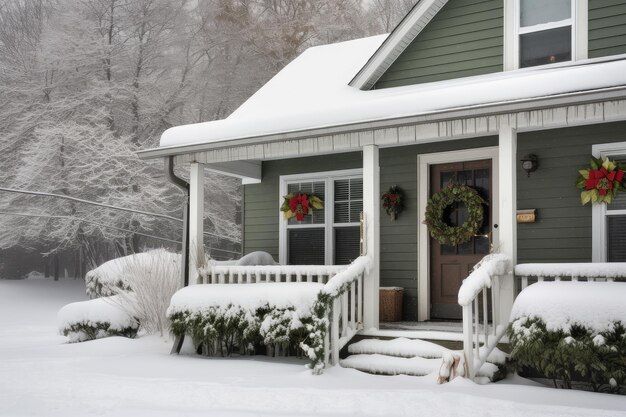 Przytulna zewnętrzna strona domu z wieńcem i dekoracjami świątecznymi na tle pokrytym śniegiem