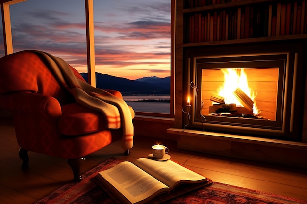 Przytulna zimowa lektura przy ognisku
