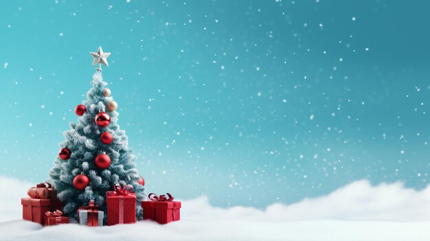 Przytulna zimowa świąteczna mała choinka z prezentami w śniegu Generująca sztuczna inteligencja