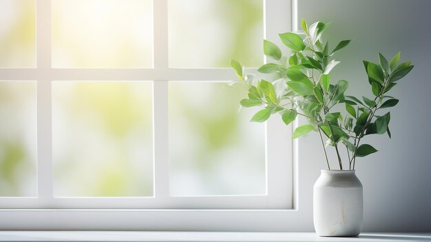 Przytulne białe okno z zielonymi liśćmi