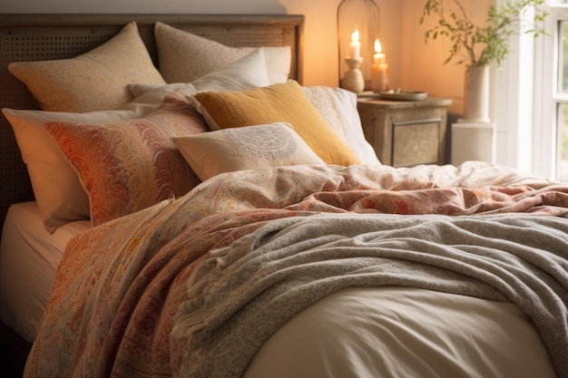 Przytulne łóżko z różową kołdrą i poduszkami Generative AI