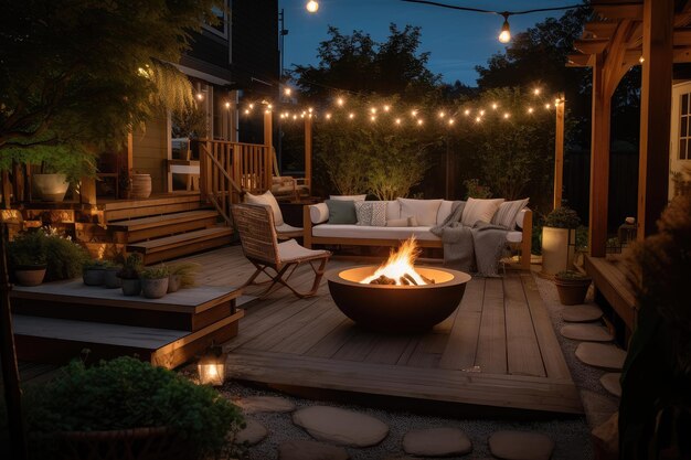 Przytulne patio na świeżym powietrzu z paleniskiem i lampionami na wieczorną rozrywkę, stworzone za pomocą generatywnej sztucznej inteligencji