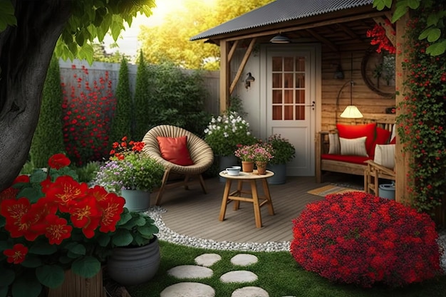 Przytulne podwórko z drewnianymi meblami i jaskrawymi czerwonymi kwiatami