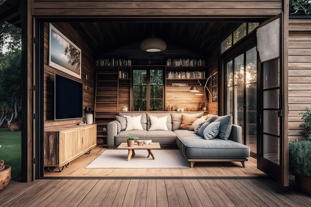 Przytulne podwórko z telewizorem i wygodną sofą na tle drewnianego domu