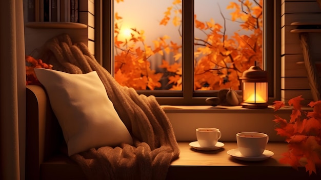 Zdjęcie przytulne poranne wibracje filiżanka kawy i poduszka na parapecie dla relaksu