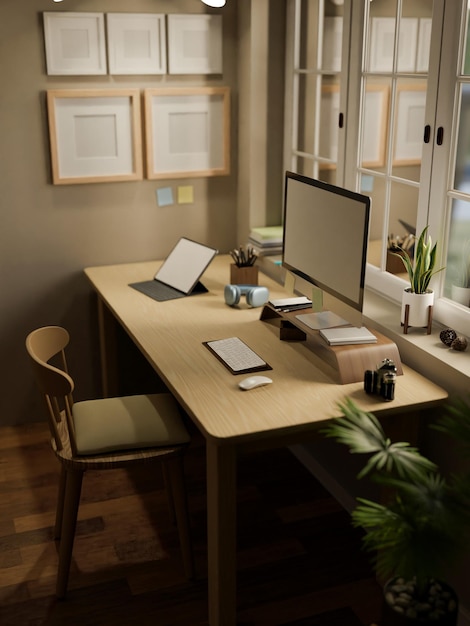 Przytulne skandynawskie biuro domowe z komputerem na drewnianym stole przy drewnianym krześle z okna