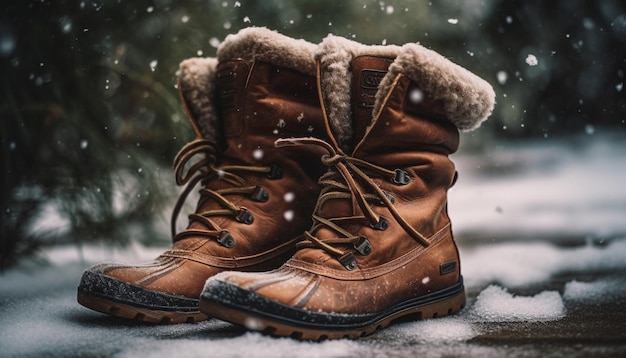 Zdjęcie przytulne skórzane buty trekkingowe pozwalają na zimową przygodę generowaną przez sztuczną inteligencję