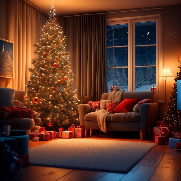 Przytulne świąteczne wnętrze nocą Światło bożonarodzeniowe Kinowy, miękki, gładki, lekki styl renderowania 3D