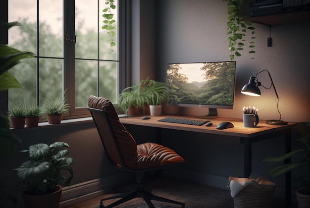 Przytulne wnętrze domowego biura z roślinami doniczkowymi i dużymi oknami, które wpuszczają naturalne światło