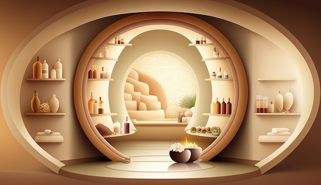 Przytulne wnętrze spa z okrągłym lustrem udekorowanym w ciepłych odcieniach beżu Ilustracja Spa Wygenerowano ai