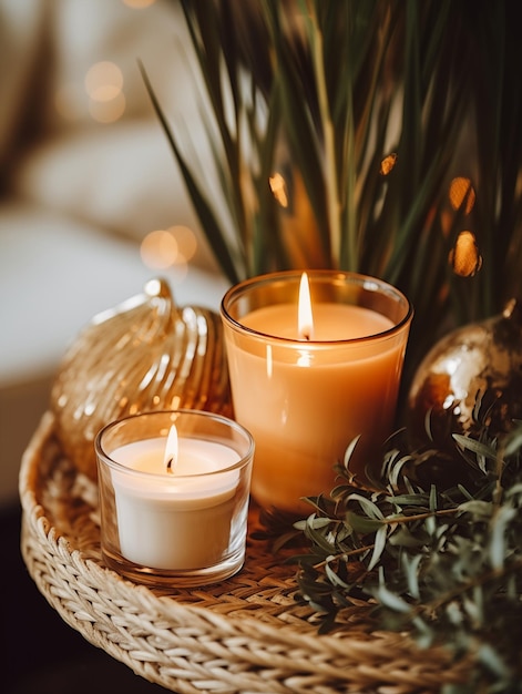 Zdjęcie przytulne zimne dekoracje domowe z płonącymi świecami dekoracje wnętrza pokoju wakacyjnego
