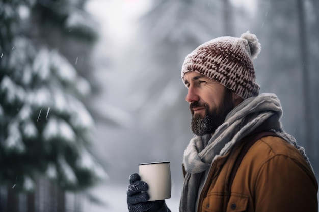 Przytulne zimowe klimaty Portret mężczyzny w dzianinowej czapce i flanelowej koszuli