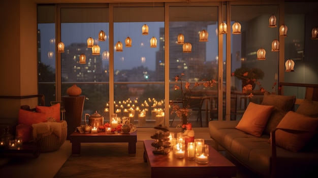 Przytulny balkon z wiszącymi latarniami i świecami w nocy