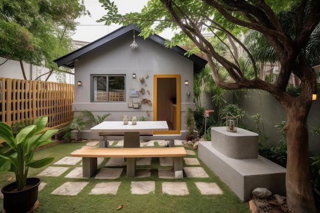 Przytulny dom na zewnątrz z ogrodem i ławkami dla gości do relaksu
