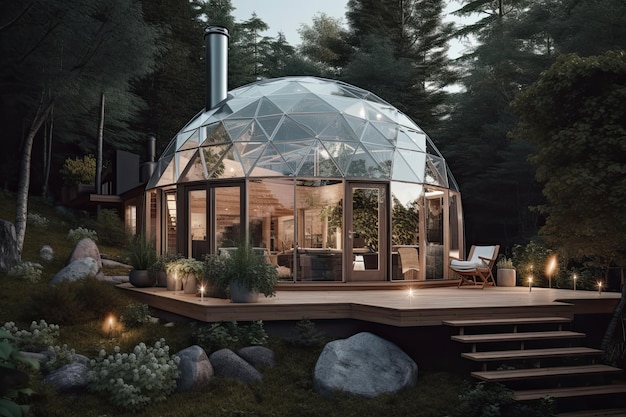 Przytulny dom w kształcie kopuły ze szkła i drewna położony w pięknym ogrodzie i wybudowany w sposób przyjazny dla środowiska wieczorem Generative AI