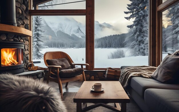 Zdjęcie przytulny dom z kanapą i kominem panoramiczne okna i kawa zimowy vibe koncepcja
